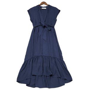 Emma & Michele blue V-Neck Ruffle Elastic Waist Sash-tie Dress  M